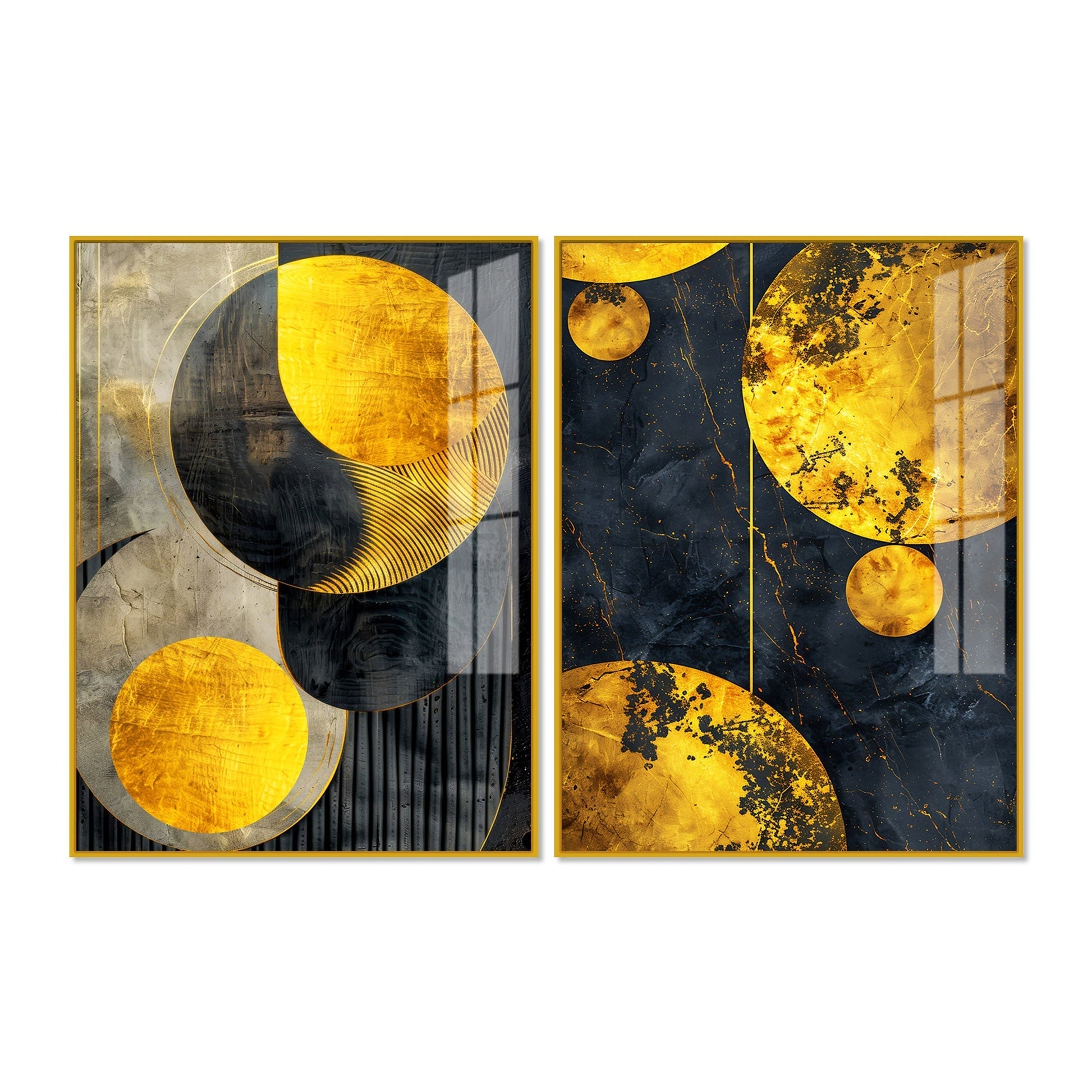 Modern Luxurious Golden Shapes Acrylic Floating Wall Painting Set of 2