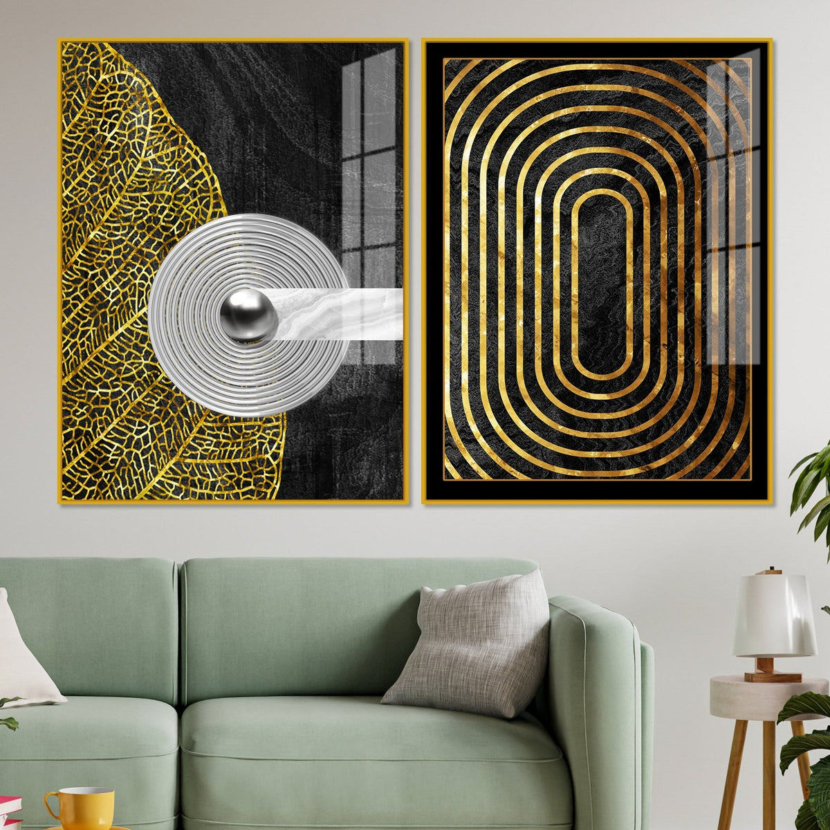 Modern Nordic Black and Golden Acrylic Floating Wall Painting Set of 2