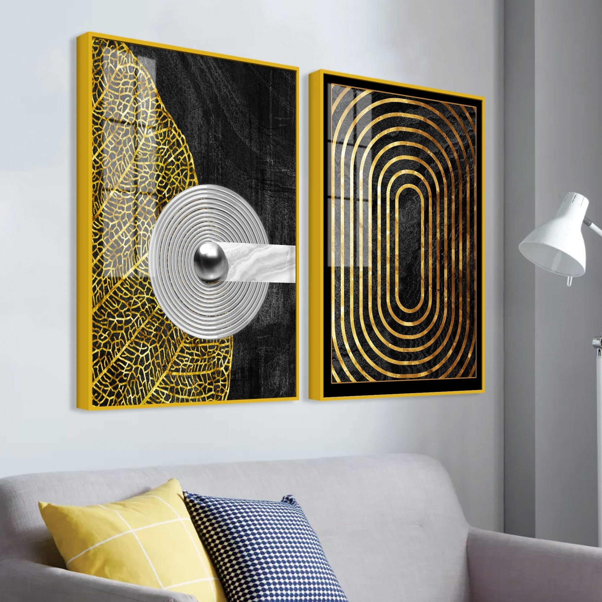 Modern Nordic Black and Golden Acrylic Floating Wall Painting Set of 2