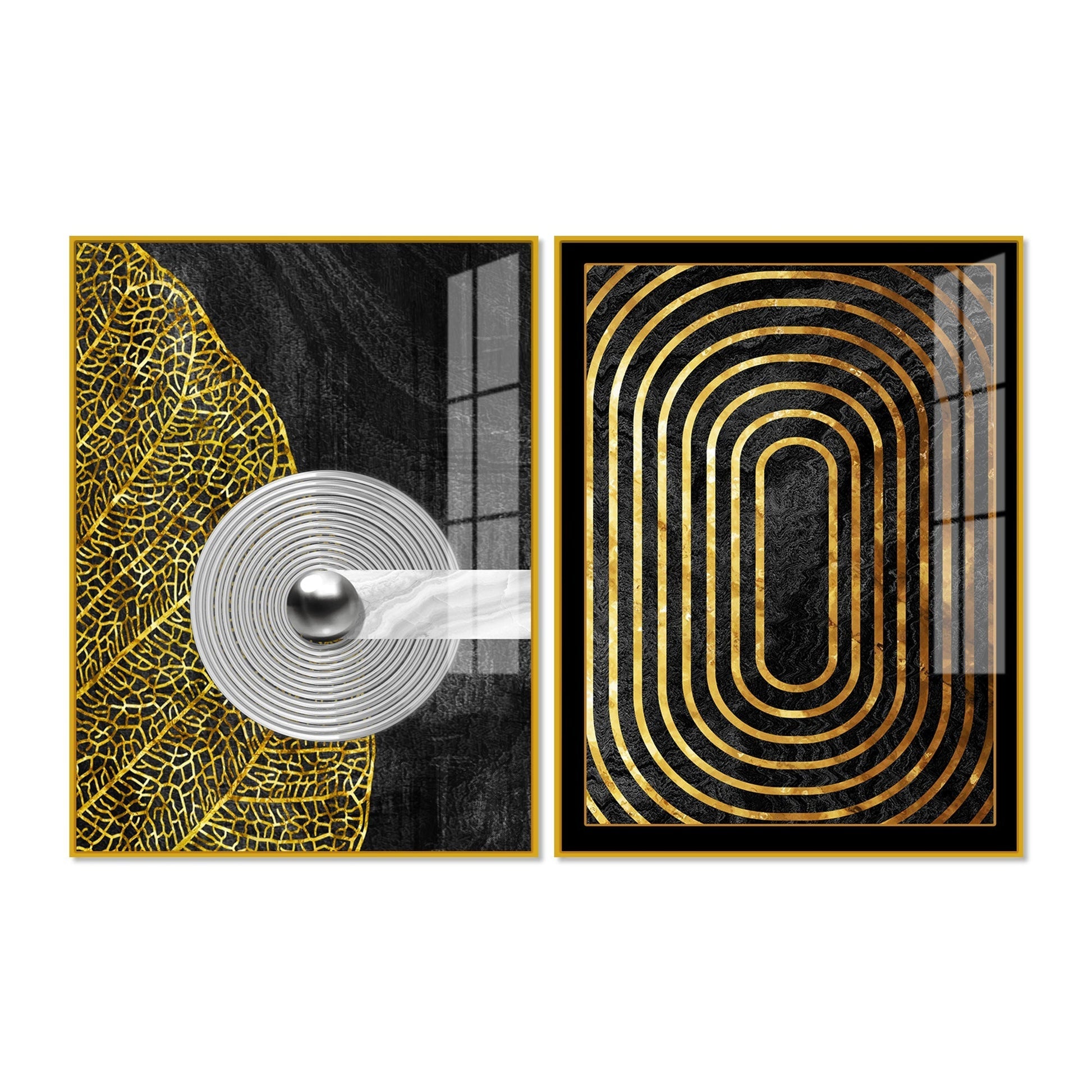 Modern Nordic Black and Golden Acrylic Floating Wall Painting Set of 2