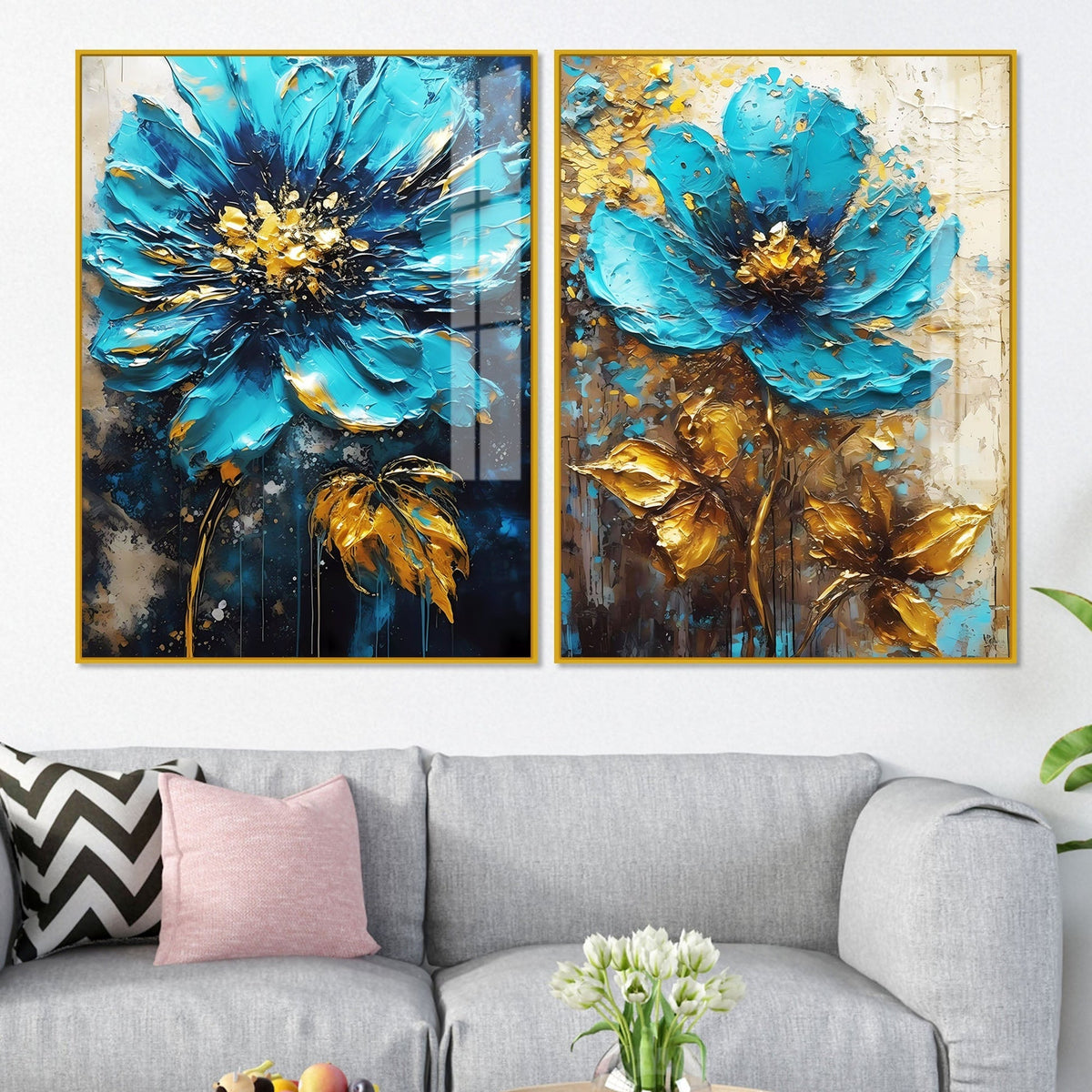 Modern Textural Blue Flower Artistic Acrylic Floating Wall Painting Set of 2