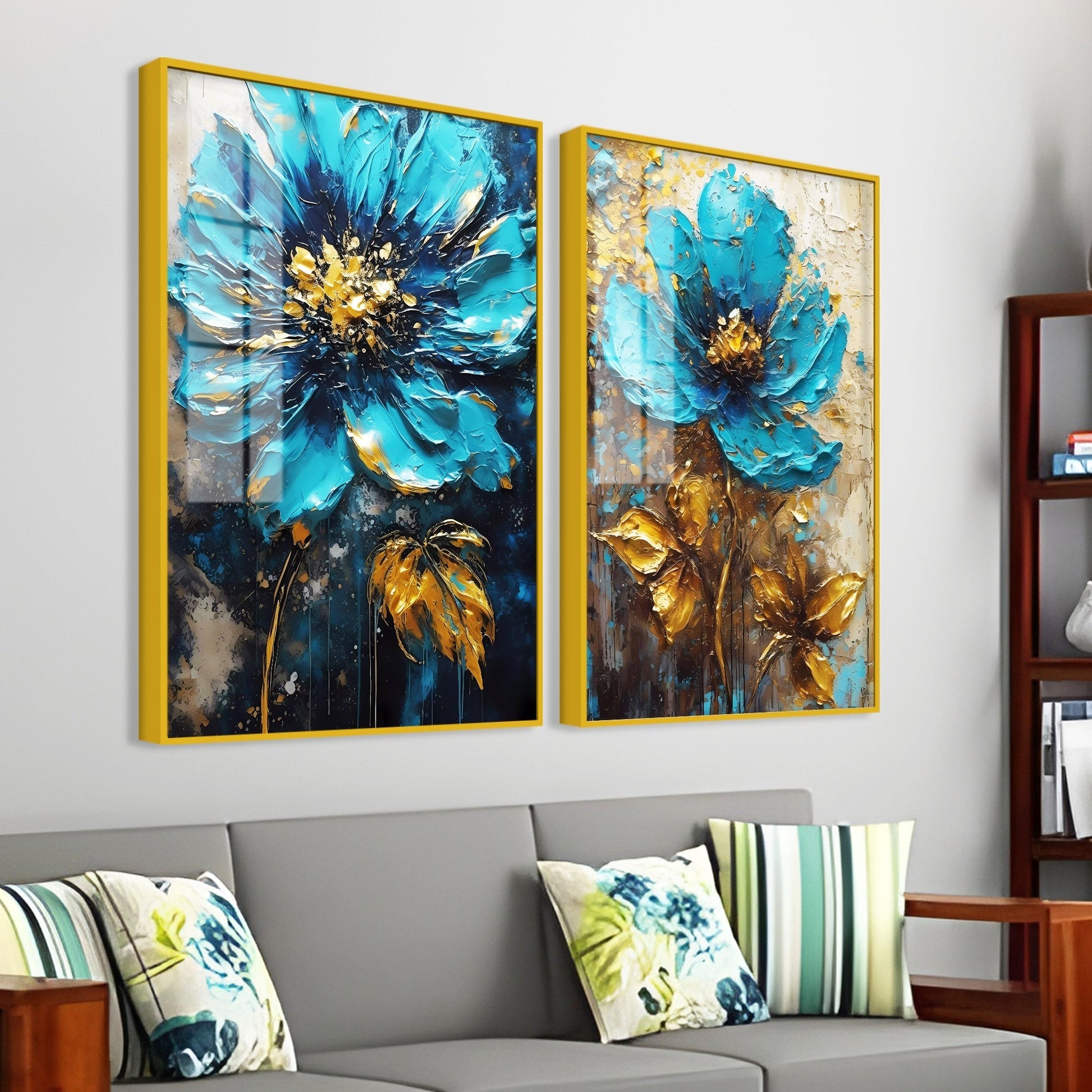 Modern Textural Blue Flower Artistic Acrylic Floating Wall Painting Set of 2