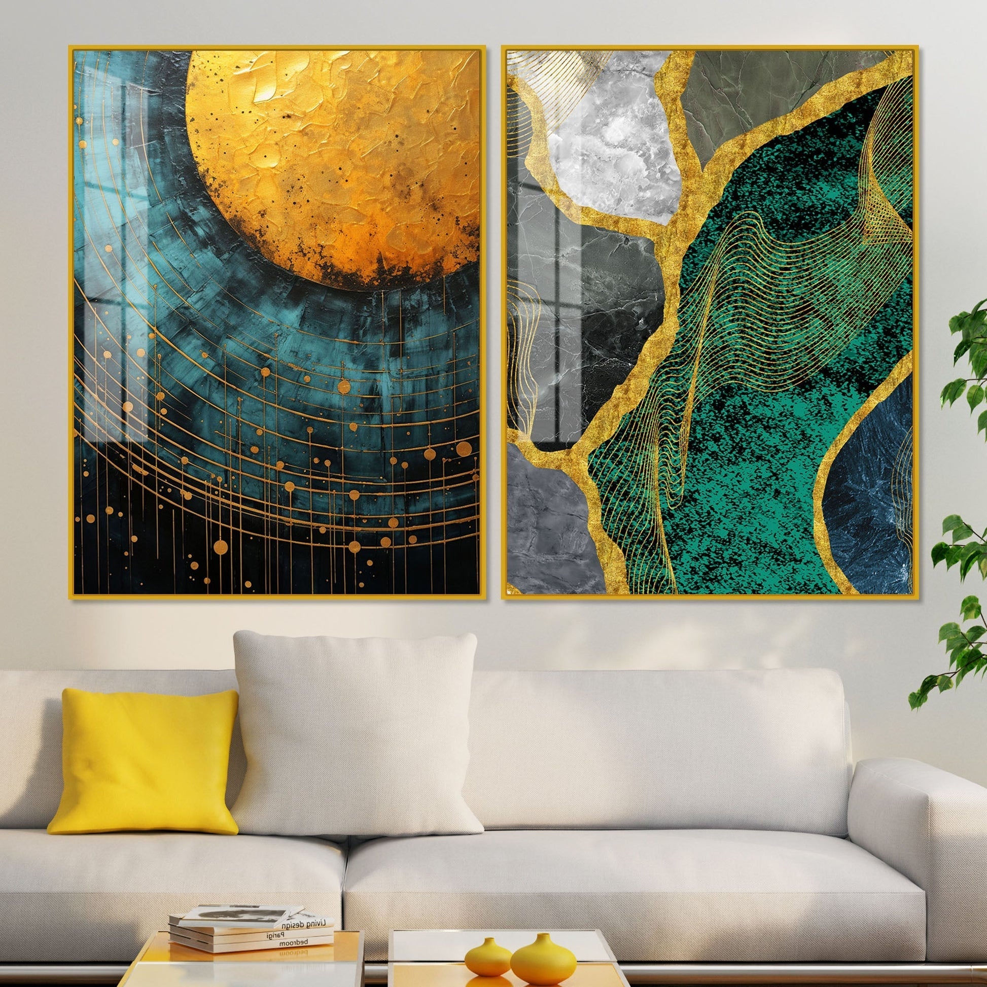 Modern Turquoise Artistic Art Acrylic Floating Wall Painting Set of 2