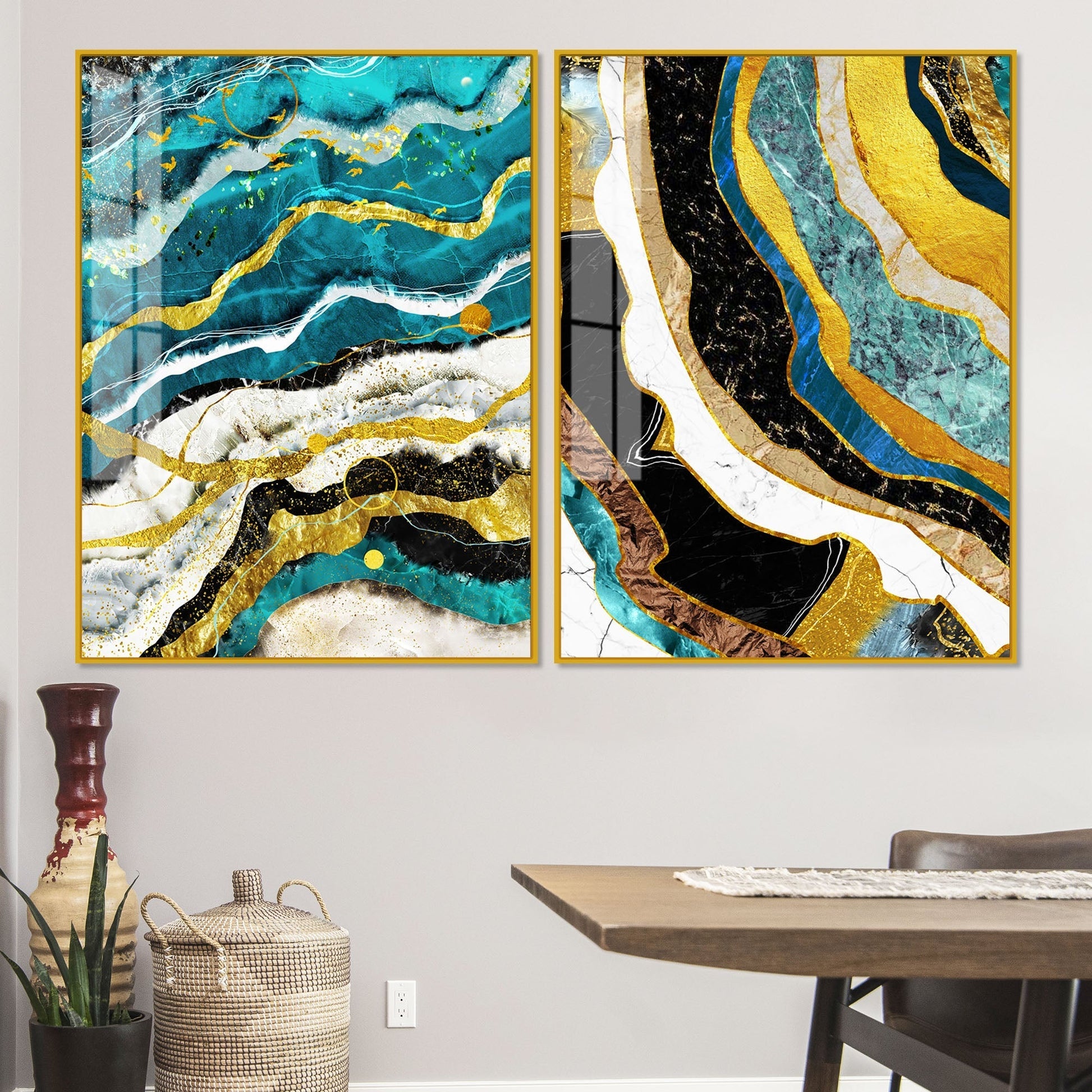 Modern Turquoise Blue Waves Artistic Art Acrylic Floating Wall Painting Set of 2