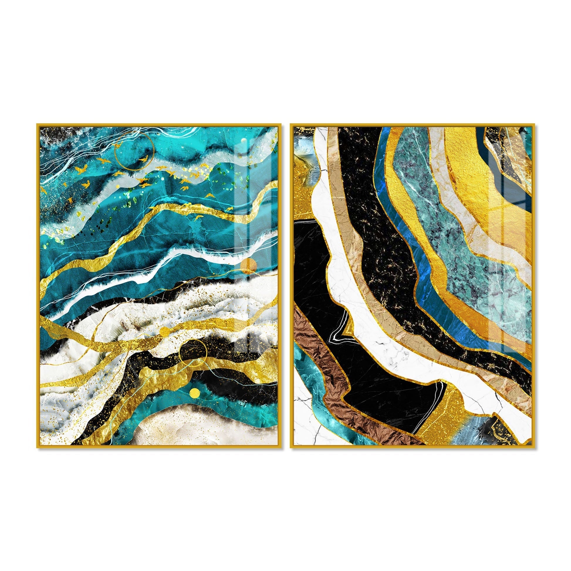 Modern Turquoise Blue Waves Artistic Art Acrylic Floating Wall Painting Set of 2