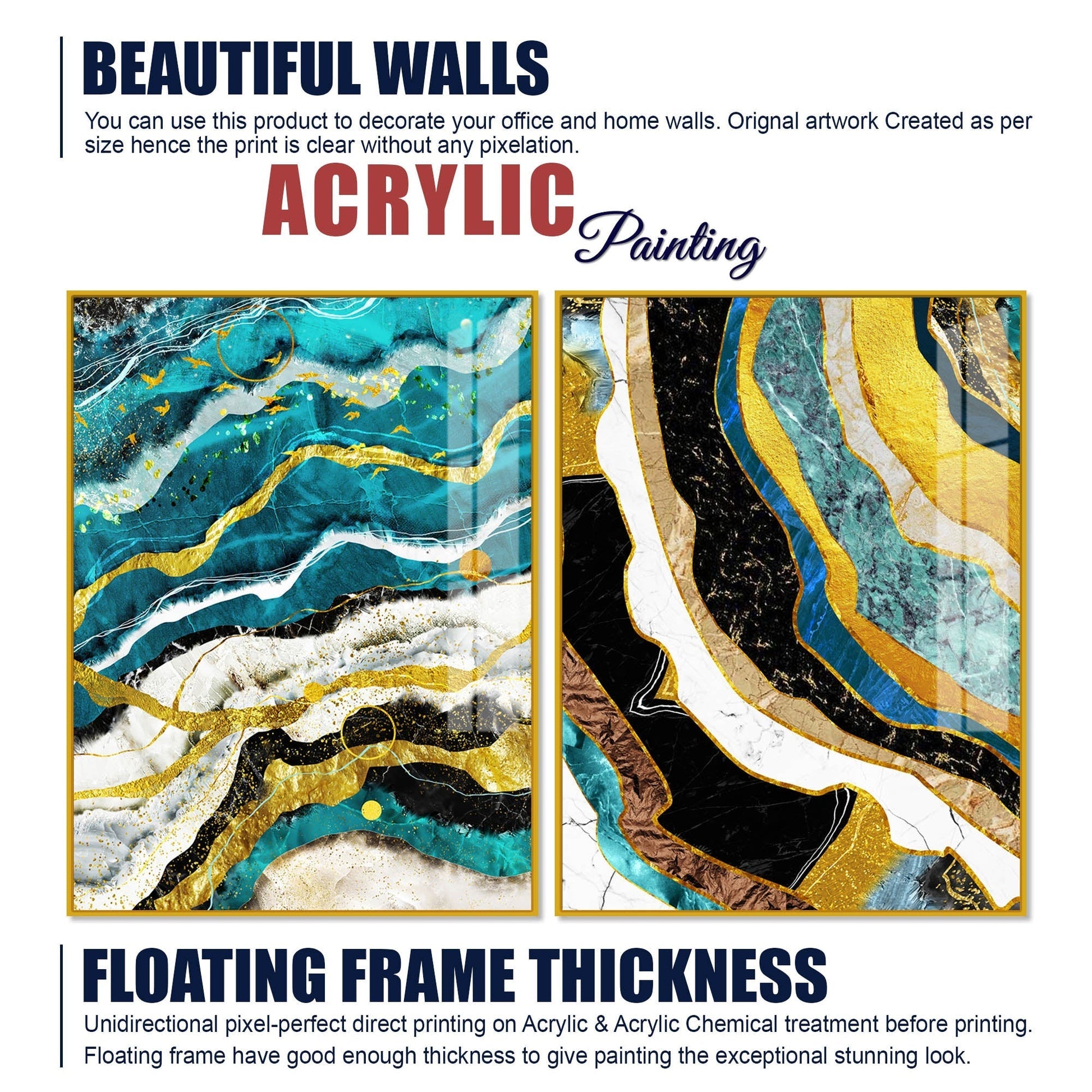 Modern Turquoise Blue Waves Artistic Art Acrylic Floating Wall Painting Set of 2