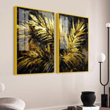Premium Black and Shiny Gold Palm Leaves Acrylic Floating Wall Painting Set of 2