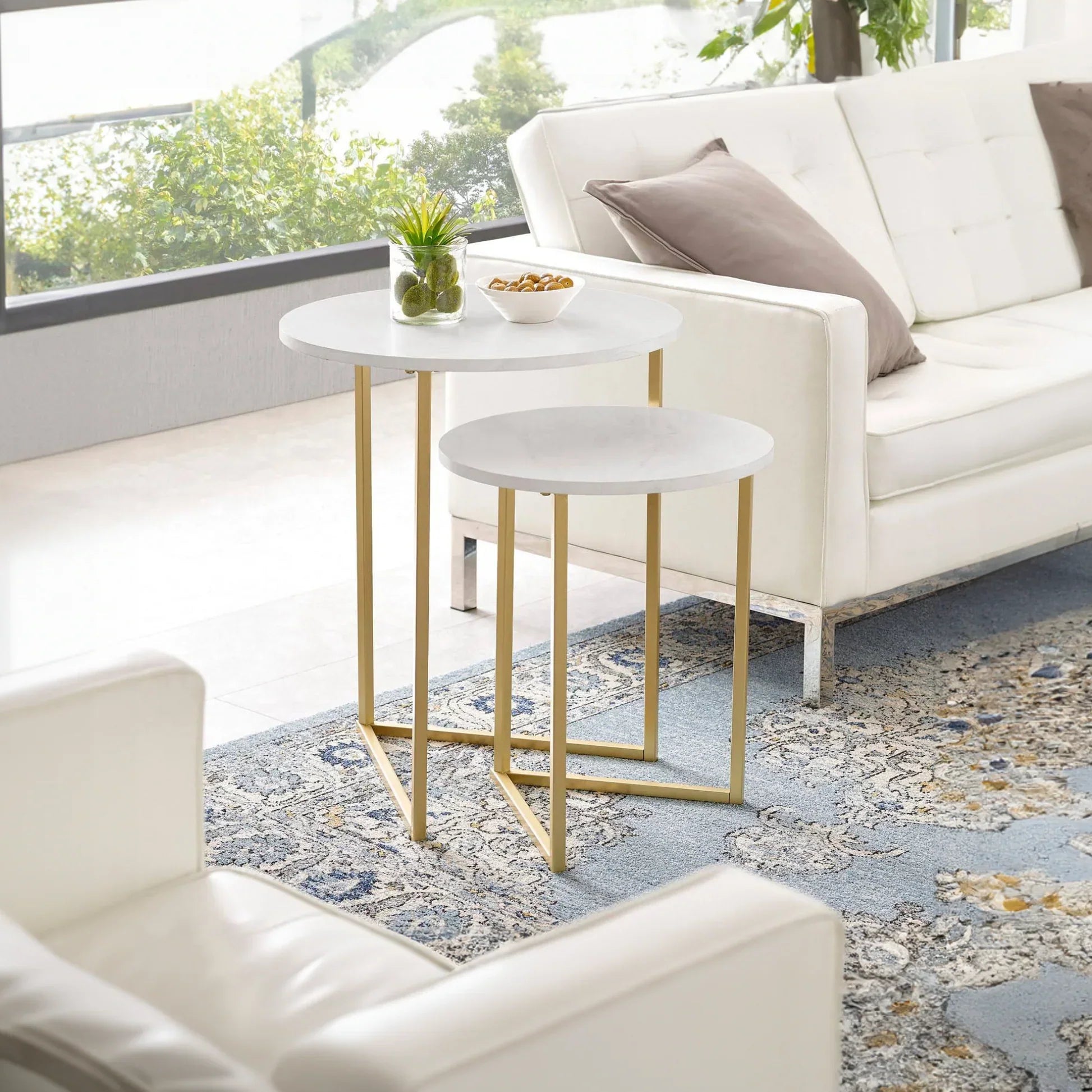 Round Shape Iron Stand Side Marble Table Set of 2