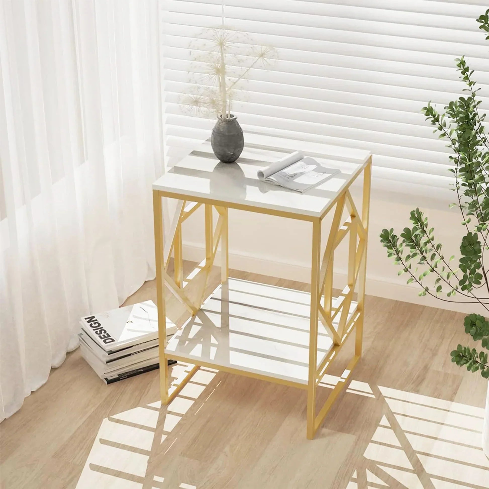 Square Geometric Rhombus Frame End Side Table with Golden Metal Finish