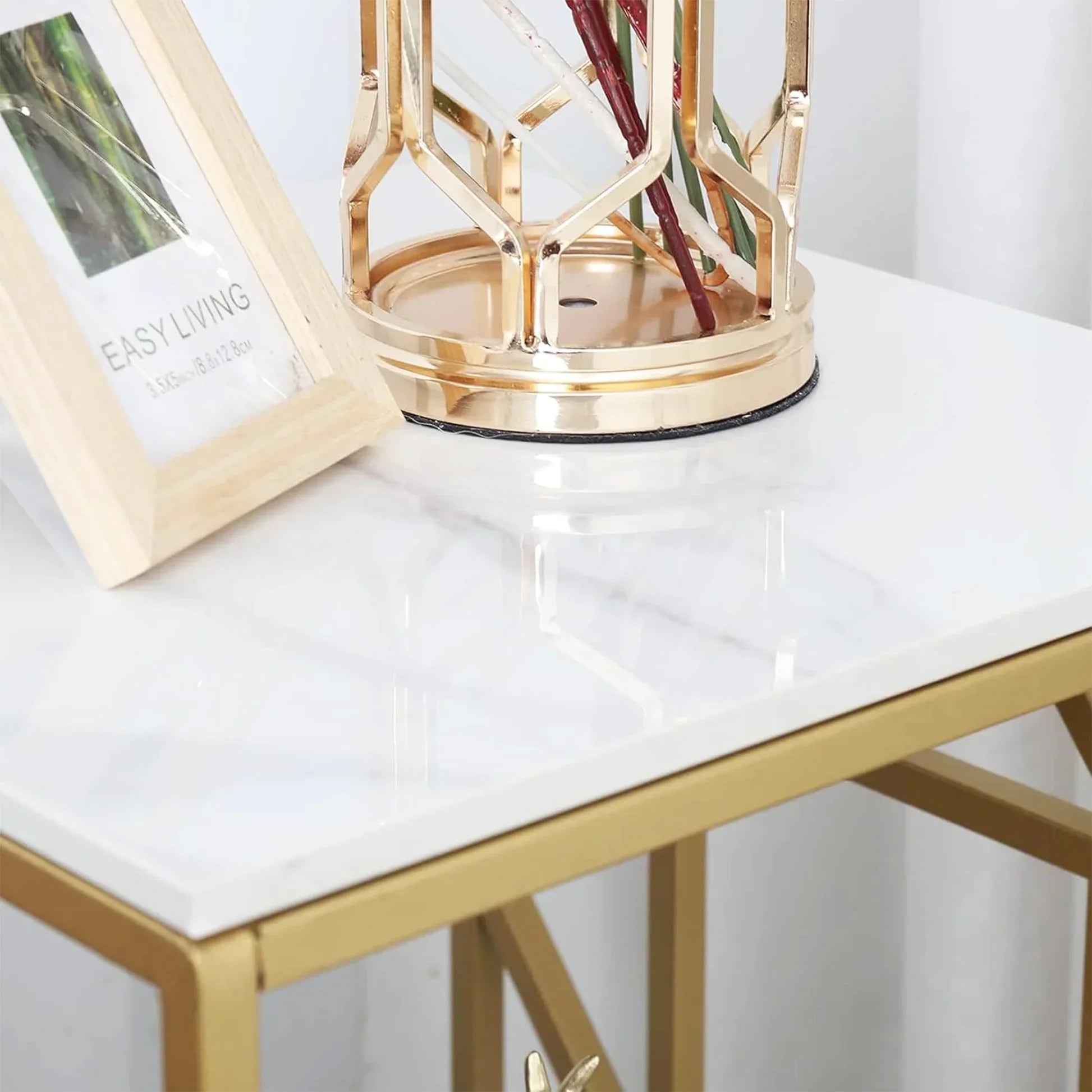 Square Geometric Rhombus Frame End Side Table with Golden Metal Finish