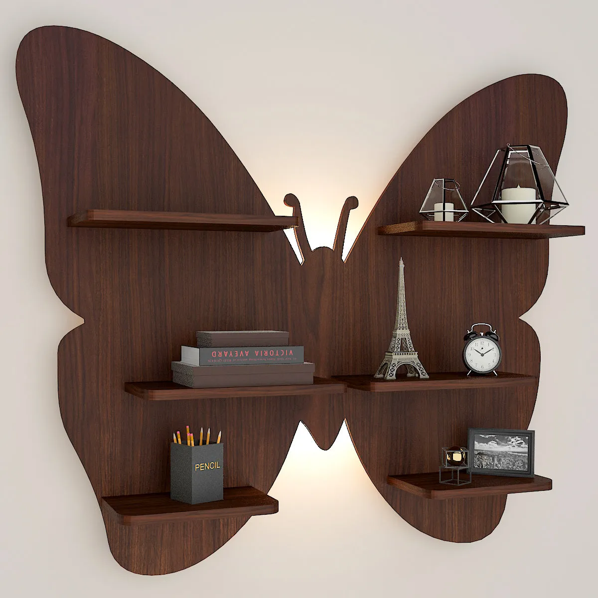 Butterfly Shape Backlit Wood Wall Shelf / Book Shelf / Night Light, Walnut Finish